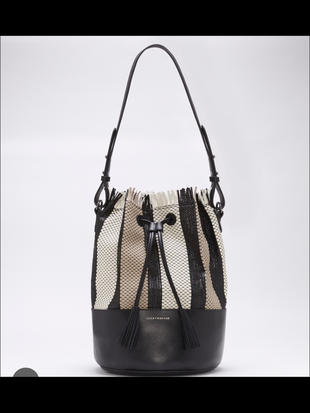RARE Lucky Brand Black & Cream Bucket Bag with Tassel Drawstring